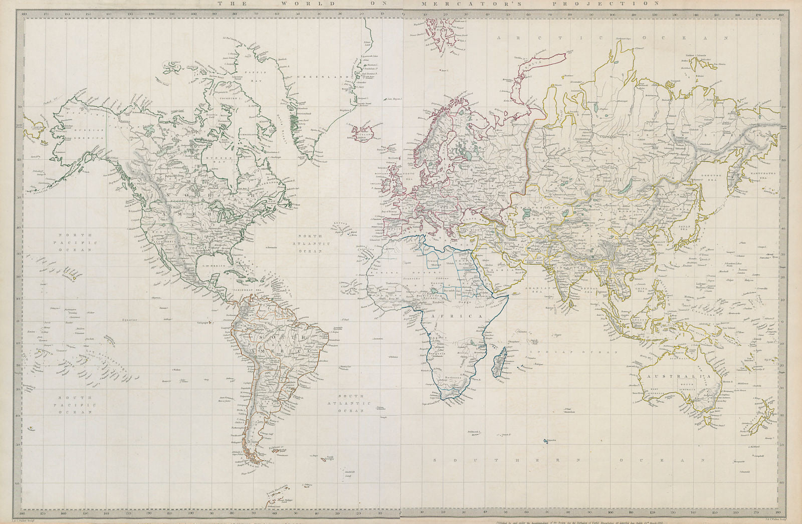 WORLD ON MERCATOR'S PROJECTION. Pre-Mexican-American war. SDUK 1844 old map